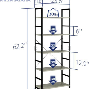 NUMENN 5 Tier Bookshelf, Tall Bookcase Shelf Storage Organizer, Modern Book Shelf for Bedroom, Living Room and Home Office, Vintage