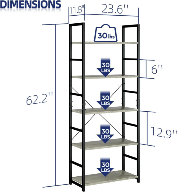 NUMENN 5 Tier Bookshelf, Tall Bookcase Shelf Storage Organizer, Modern Book Shelf for Bedroom, Living Room and Home Office, Vintage