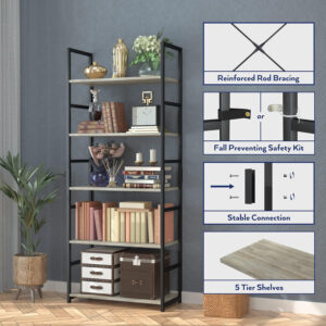 NUMENN 5 Tier Bookshelf, Tall Bookcase Shelf Storage Organizer, Modern Book Shelf for Bedroom, Living Room and Home Office, Vintage