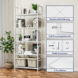 NUMENN 5 Tier Bookshelf, Tall Bookcase Shelf Storage Organizer, Modern Book Shelf for Bedroom, Living Room and Home Office, Vintage
