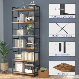 NUMENN 5 Tier Bookshelf, Tall Bookcase Shelf Storage Organizer, Modern Book Shelf for Bedroom, Living Room and Home Office, Vintage