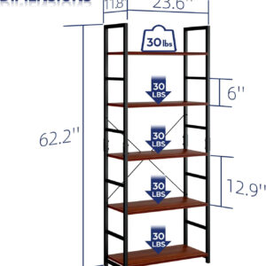 NUMENN 5 Tier Bookshelf, Tall Bookcase Shelf Storage Organizer, Modern Book Shelf for Bedroom, Living Room and Home Office, Vintage