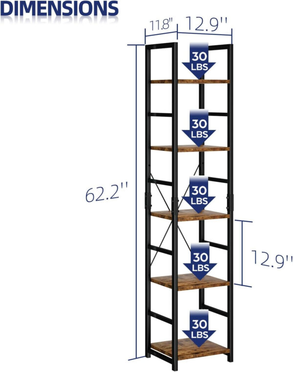 NUMENN 5 Tier Bookshelf, Tall Bookcase Shelf Storage Organizer, Modern Book Shelf for Bedroom, Living Room and Home Office, Vintage