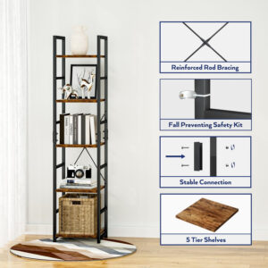 NUMENN 5 Tier Bookshelf, Tall Bookcase Shelf Storage Organizer, Modern Book Shelf for Bedroom, Living Room and Home Office, Vintage