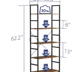 NUMENN 5 Tier Bookshelf, Tall Bookcase Shelf Storage Organizer, Modern Book Shelf for Bedroom, Living Room and Home Office, Vintage