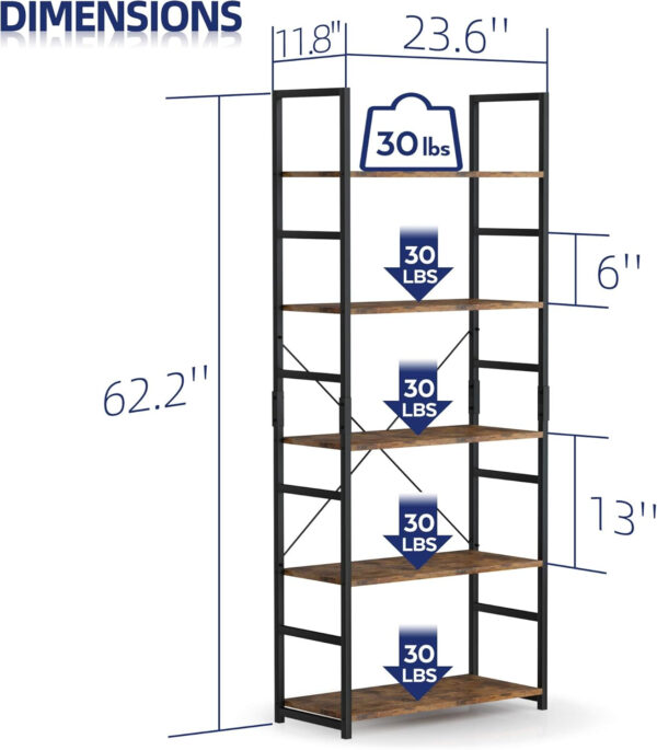 NUMENN 5 Tier Bookshelf, Tall Bookcase Shelf Storage Organizer, Modern Book Shelf for Bedroom, Living Room and Home Office, Vintage