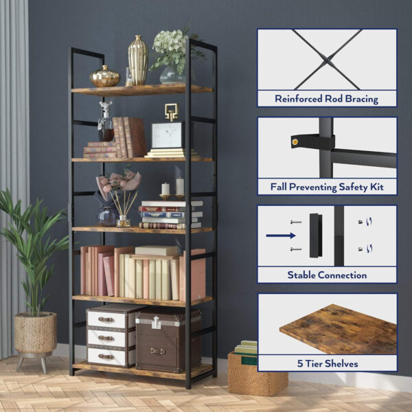 NUMENN 5 Tier Bookshelf, Tall Bookcase Shelf Storage Organizer, Modern Book Shelf for Bedroom, Living Room and Home Office, Vintage
