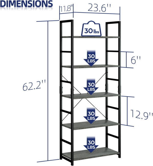 NUMENN 5 Tier Bookshelf, Tall Bookcase Shelf Storage Organizer, Modern Book Shelf for Bedroom, Living Room and Home Office, Vintage