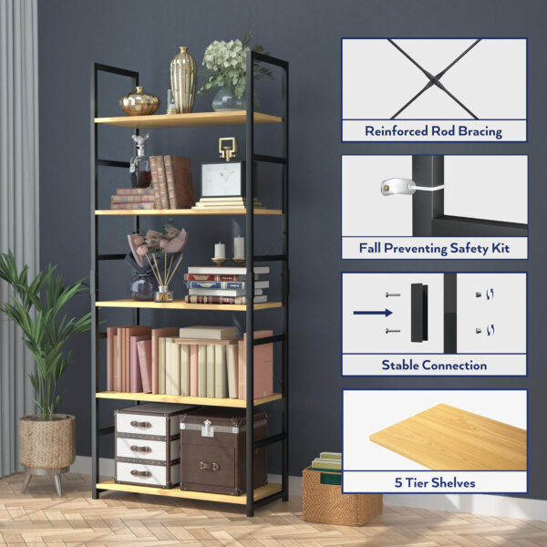 NUMENN 5 Tier Bookshelf, Tall Bookcase Shelf Storage Organizer, Modern Book Shelf for Bedroom, Living Room and Home Office, Vintage