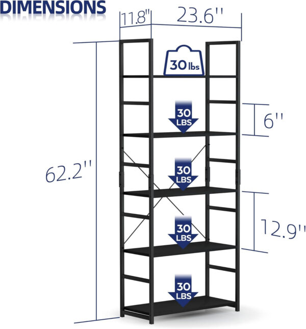 NUMENN 5 Tier Bookshelf, Tall Bookcase Shelf Storage Organizer, Modern Book Shelf for Bedroom, Living Room and Home Office, Vintage