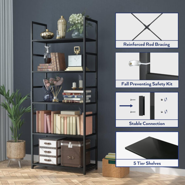 NUMENN 5 Tier Bookshelf, Tall Bookcase Shelf Storage Organizer, Modern Book Shelf for Bedroom, Living Room and Home Office, Vintage