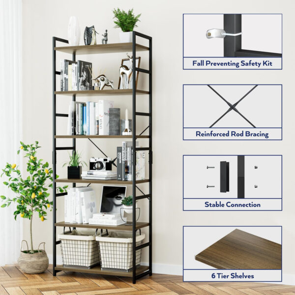 NUMENN 5 Tier Bookshelf, Tall Bookcase Shelf Storage Organizer, Modern Book Shelf for Bedroom, Living Room and Home Office, Vintage