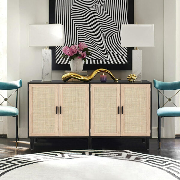 Finnhomy Sideboard Buffet Cabinet, Kitchen Storage Sideboard with Rattan Decorated Doors, Liquor Coffee Buffet, Dining Room, Hallway, Console Table, Accent Cabinet, 31.5X 15.8X 34.6 Inches, Natural