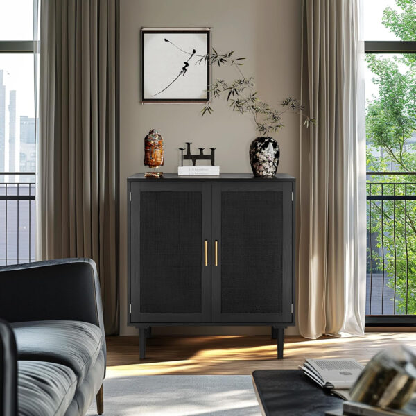 Finnhomy Sideboard Buffet Cabinet, Kitchen Storage Sideboard with Rattan Decorated Doors, Liquor Coffee Buffet, Dining Room, Hallway, Console Table, Accent Cabinet, 31.5X 15.8X 34.6 Inches, Natural
