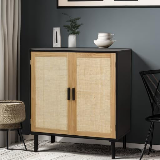 Finnhomy Sideboard Buffet Cabinet, Kitchen Storage Sideboard with Rattan Decorated Doors, Liquor Coffee Buffet, Dining Room, Hallway, Console Table, Accent Cabinet, 31.5X 15.8X 34.6 Inches, Natural