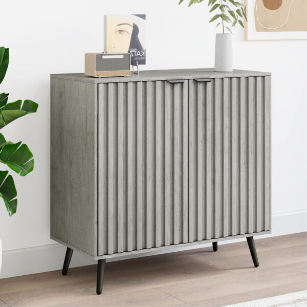 Smuxee Fluted Sideboard Cabinet, Freestanding Walnut Buffet Cabinet with Adjustable Shelf, Wood Storage Cabinet for Living Room, Entryway, Hallway
