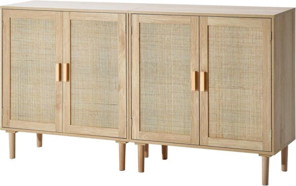 VEVOR Rattan Buffet Cabinet with Storage, 4 Magnetic Doors and Adjustable Shelves, Sideboard for Hallway, Living Room, Kitchen, Natural