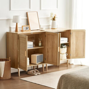 VEVOR Rattan Buffet Cabinet with Storage, 4 Magnetic Doors and Adjustable Shelves, Sideboard for Hallway, Living Room, Kitchen, Natural