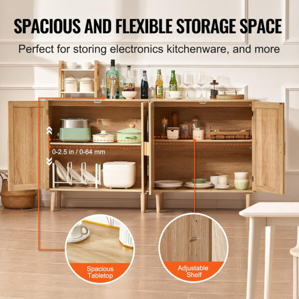 VEVOR Rattan Buffet Cabinet with Storage, 4 Magnetic Doors and Adjustable Shelves, Sideboard for Hallway, Living Room, Kitchen, Natural