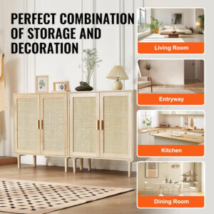 VEVOR Rattan Buffet Cabinet with Storage, 4 Magnetic Doors and Adjustable Shelves, Sideboard for Hallway, Living Room, Kitchen, Natural