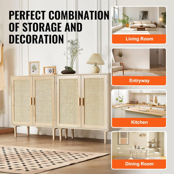 VEVOR Rattan Buffet Cabinet with Storage, 4 Magnetic Doors and Adjustable Shelves, Sideboard for Hallway, Living Room, Kitchen, Natural