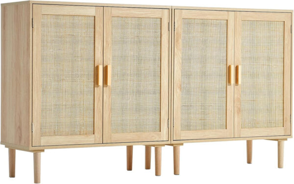 VEVOR Rattan Buffet Cabinet with Storage, 4 Magnetic Doors and Adjustable Shelves, Sideboard for Hallway, Living Room, Kitchen, Natural