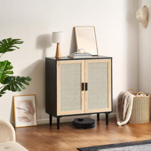 VEVOR Rattan Buffet Cabinet with Storage, 4 Magnetic Doors and Adjustable Shelves, Sideboard for Hallway, Living Room, Kitchen, Natural