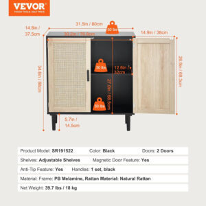 VEVOR Rattan Buffet Cabinet with Storage, 4 Magnetic Doors and Adjustable Shelves, Sideboard for Hallway, Living Room, Kitchen, Natural