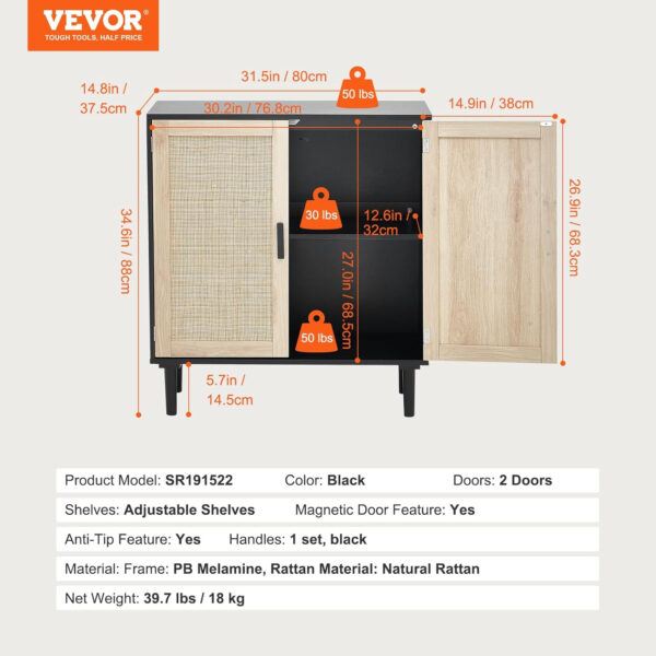 VEVOR Rattan Buffet Cabinet with Storage, 4 Magnetic Doors and Adjustable Shelves, Sideboard for Hallway, Living Room, Kitchen, Natural