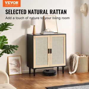 VEVOR Rattan Buffet Cabinet with Storage, 4 Magnetic Doors and Adjustable Shelves, Sideboard for Hallway, Living Room, Kitchen, Natural