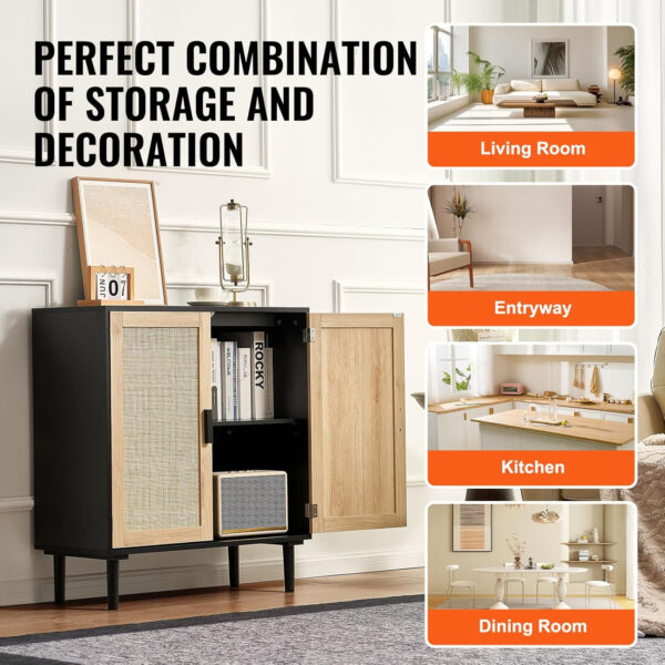 VEVOR Rattan Buffet Cabinet with Storage, 4 Magnetic Doors and Adjustable Shelves, Sideboard for Hallway, Living Room, Kitchen, Natural