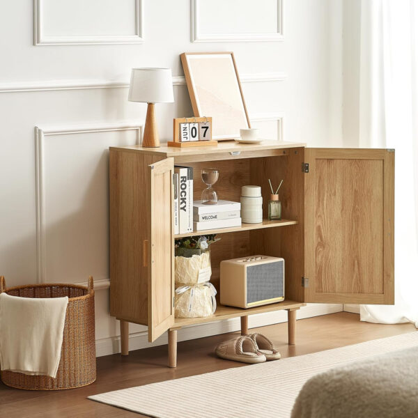 VEVOR Rattan Buffet Cabinet with Storage, 4 Magnetic Doors and Adjustable Shelves, Sideboard for Hallway, Living Room, Kitchen, Natural