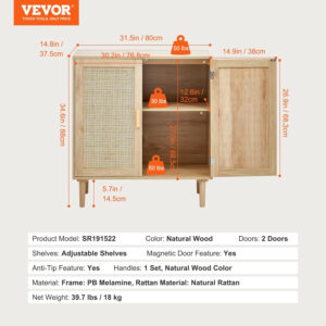 VEVOR Rattan Buffet Cabinet with Storage, 4 Magnetic Doors and Adjustable Shelves, Sideboard for Hallway, Living Room, Kitchen, Natural