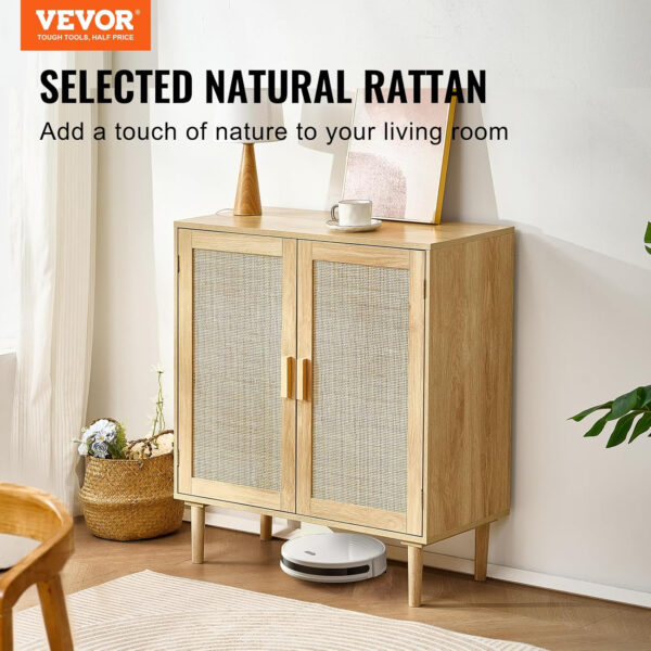 VEVOR Rattan Buffet Cabinet with Storage, 4 Magnetic Doors and Adjustable Shelves, Sideboard for Hallway, Living Room, Kitchen, Natural