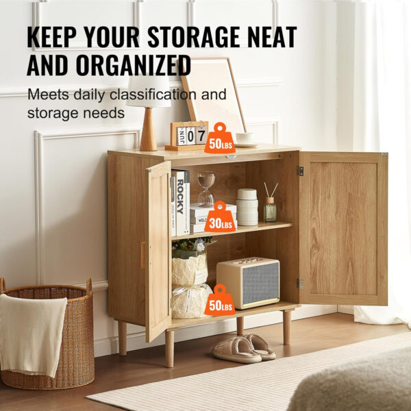 VEVOR Rattan Buffet Cabinet with Storage, 4 Magnetic Doors and Adjustable Shelves, Sideboard for Hallway, Living Room, Kitchen, Natural