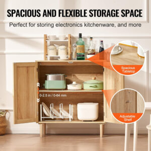 VEVOR Rattan Buffet Cabinet with Storage, 4 Magnetic Doors and Adjustable Shelves, Sideboard for Hallway, Living Room, Kitchen, Natural