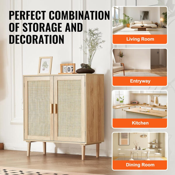 VEVOR Rattan Buffet Cabinet with Storage, 4 Magnetic Doors and Adjustable Shelves, Sideboard for Hallway, Living Room, Kitchen, Natural