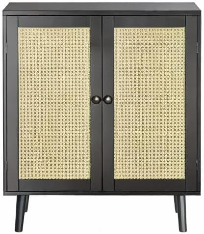 Huuger Buffet Cabinet with Storage, Storage Cabinet with PE Rattan Decor Doors, Accent Sideboard Buffet with Solid Wood Feet, for Hallway, Entry, Living Room, Natural