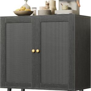 Huuger Buffet Cabinet with Storage, Storage Cabinet with PE Rattan Decor Doors, Accent Sideboard Buffet with Solid Wood Feet, for Hallway, Entry, Living Room, Natural