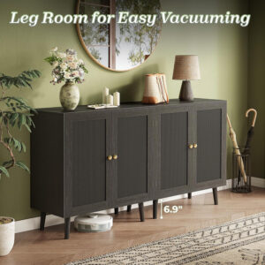 Huuger Buffet Cabinet with Storage, Storage Cabinet with PE Rattan Decor Doors, Accent Sideboard Buffet with Solid Wood Feet, for Hallway, Entry, Living Room, Natural