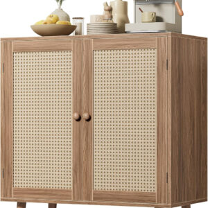 Huuger Buffet Cabinet with Storage, Storage Cabinet with PE Rattan Decor Doors, Accent Sideboard Buffet with Solid Wood Feet, for Hallway, Entry, Living Room, Natural