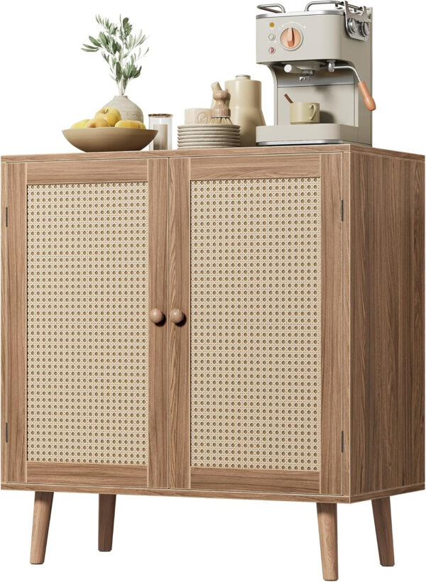 Huuger Buffet Cabinet with Storage, Storage Cabinet with PE Rattan Decor Doors, Accent Sideboard Buffet with Solid Wood Feet, for Hallway, Entry, Living Room, Natural