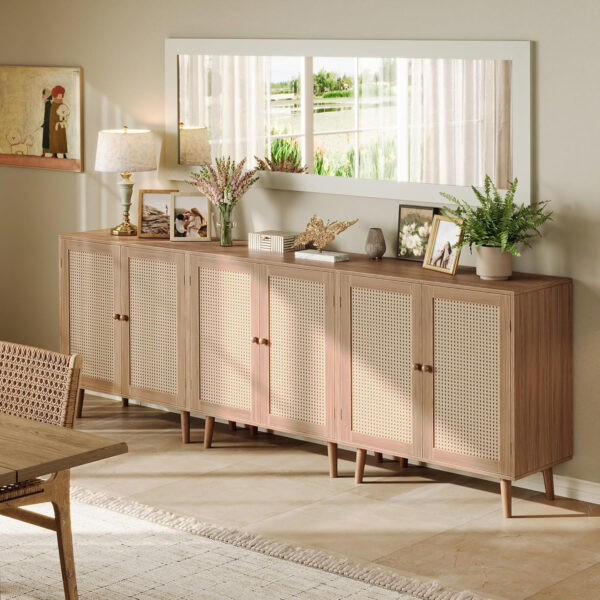 Huuger Buffet Cabinet with Storage, Storage Cabinet with PE Rattan Decor Doors, Accent Sideboard Buffet with Solid Wood Feet, for Hallway, Entry, Living Room, Natural