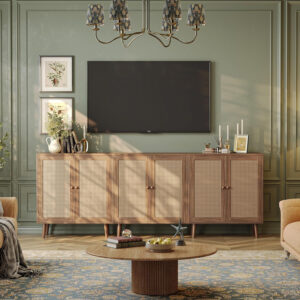 Huuger Buffet Cabinet with Storage, Storage Cabinet with PE Rattan Decor Doors, Accent Sideboard Buffet with Solid Wood Feet, for Hallway, Entry, Living Room, Natural