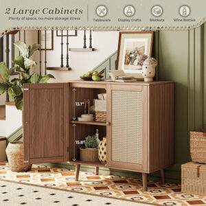 Huuger Buffet Cabinet with Storage, Storage Cabinet with PE Rattan Decor Doors, Accent Sideboard Buffet with Solid Wood Feet, for Hallway, Entry, Living Room, Natural
