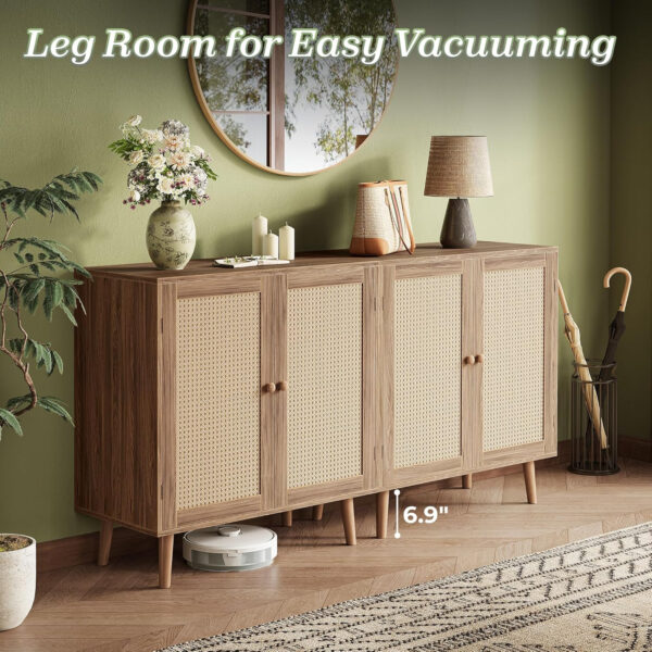 Huuger Buffet Cabinet with Storage, Storage Cabinet with PE Rattan Decor Doors, Accent Sideboard Buffet with Solid Wood Feet, for Hallway, Entry, Living Room, Natural