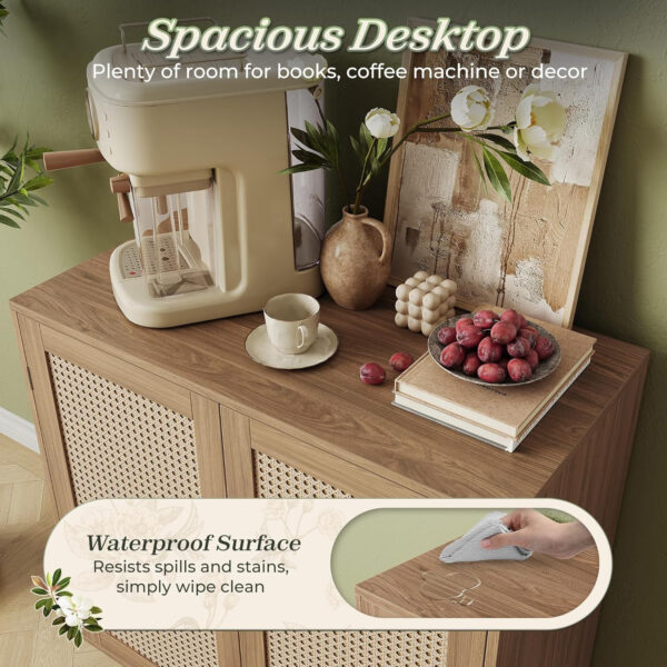 Huuger Buffet Cabinet with Storage, Storage Cabinet with PE Rattan Decor Doors, Accent Sideboard Buffet with Solid Wood Feet, for Hallway, Entry, Living Room, Natural