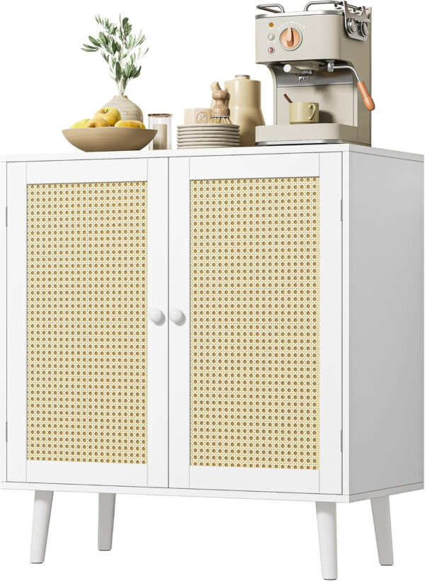 Huuger Buffet Cabinet with Storage, Storage Cabinet with PE Rattan Decor Doors, Accent Sideboard Buffet with Solid Wood Feet, for Hallway, Entry, Living Room, Natural