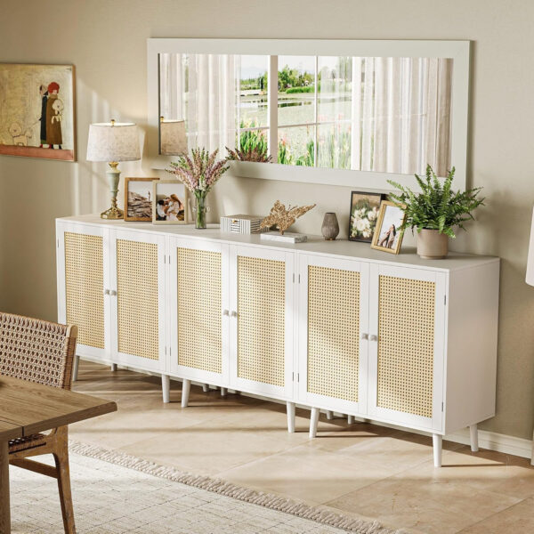 Huuger Buffet Cabinet with Storage, Storage Cabinet with PE Rattan Decor Doors, Accent Sideboard Buffet with Solid Wood Feet, for Hallway, Entry, Living Room, Natural