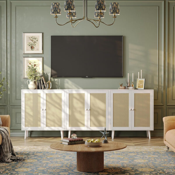 Huuger Buffet Cabinet with Storage, Storage Cabinet with PE Rattan Decor Doors, Accent Sideboard Buffet with Solid Wood Feet, for Hallway, Entry, Living Room, Natural